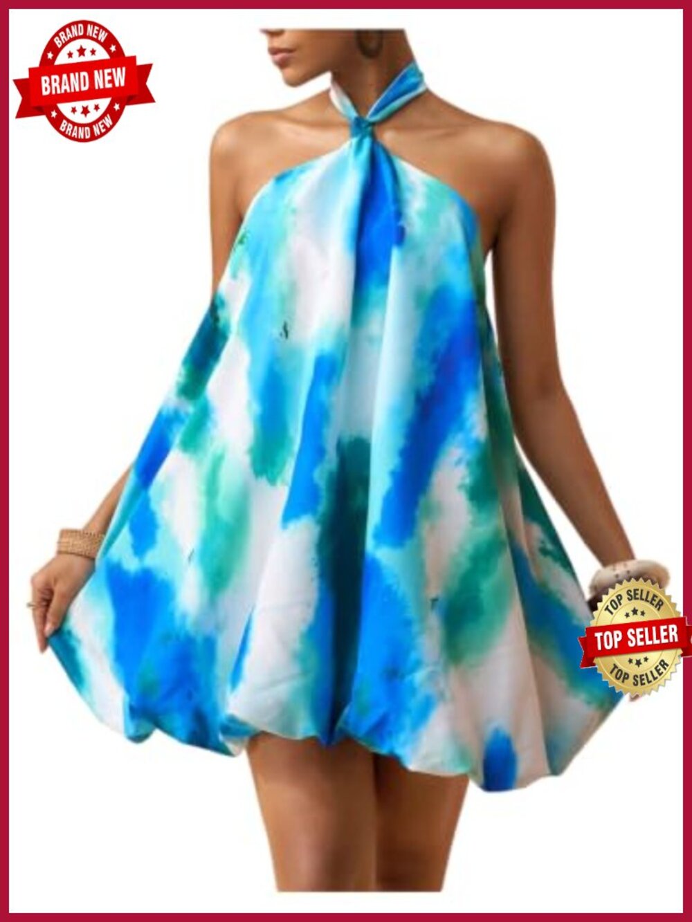 Women's Halter Bubble Mini Dress Sleeveless Backless Summer Beach Vacation